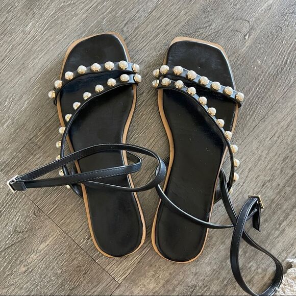 ZARA PEARL STUDDED + STRAPPY FLAT SANDALS US 6 - Picture 4 of 7